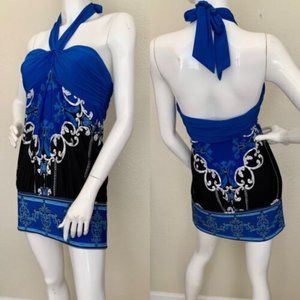Cache Blue Printed Jersey Knit Gathered Halter Dress Baroque Banded Medium M